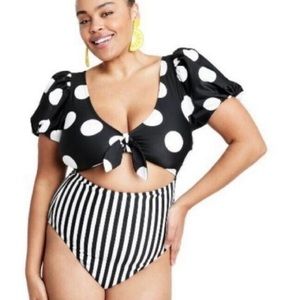💰Tabithia Brown Striped/ Dot Print Tie Front One Piece Swimsuit